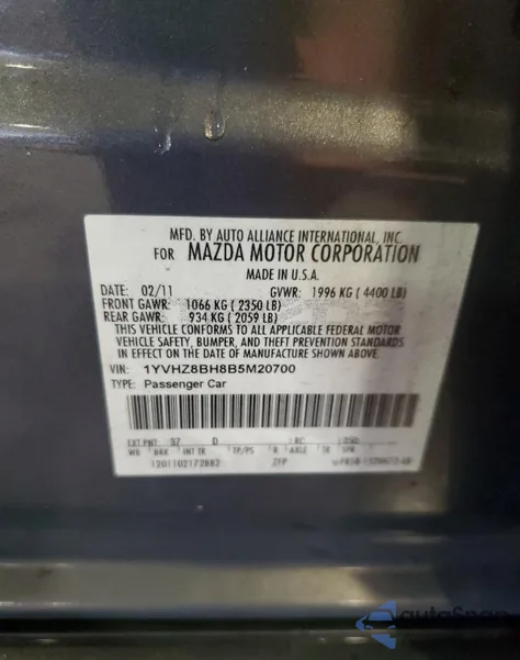 2011 Mazda 6 I из США, поврежденный, VIN 1YVHZ8BH8B5M20700